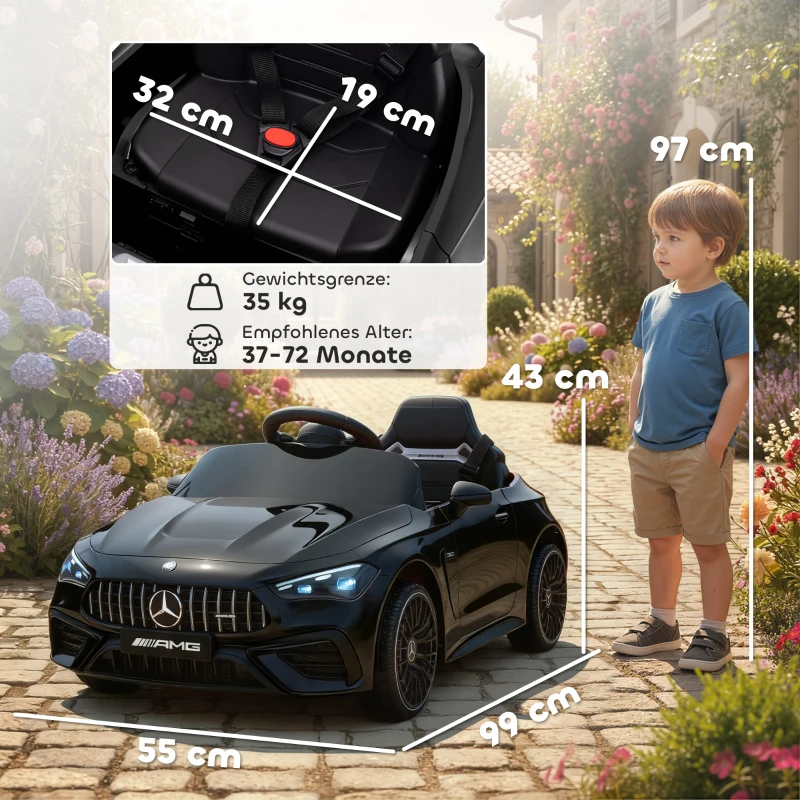 AIYAPLAY Elektrische kinderauto, Mercedes-Design, 12V-motoren, afstandsbediening, LED-lichten, muziek, voor kinderen van 3-6 jaar, zwart