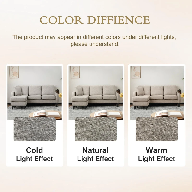 3-Seater L-shaped Corner Sofa with Reversible Chaise Lounge, Extra Cushion, Compact Couch for Apartment, 116L x 118W x 82H cm, Beige+Grey