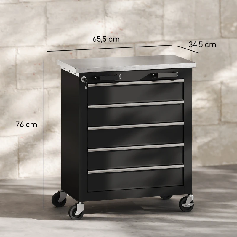 HOMCOM Armoire à outils avec 5 tiroirs, caisse à outils roulante, chariot d'outils en acier, Silberton+Schwarz