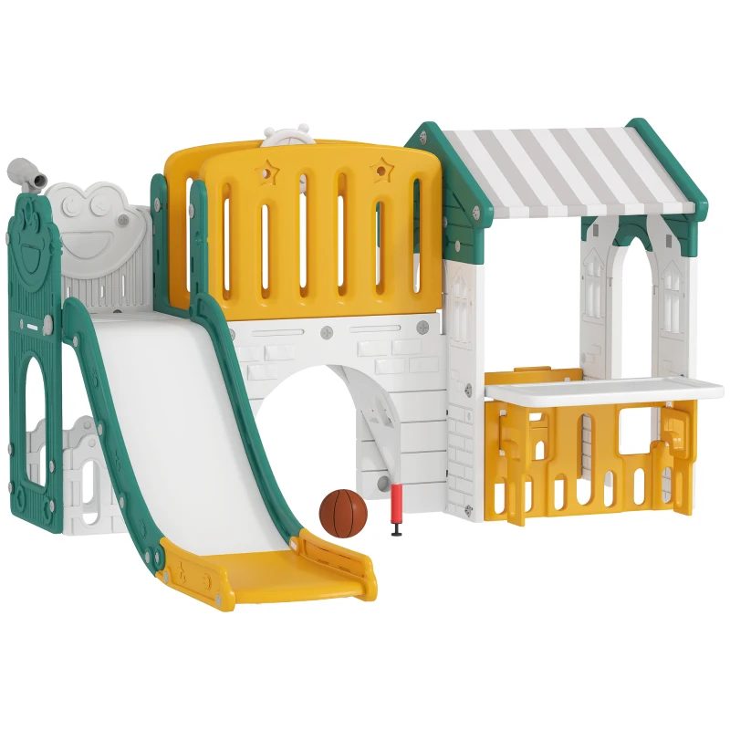 AIYAPLAY Tobogán Infantil 7 en 1 con Caseta Escalera Aro de Baloncesto Túnel Pizarra Telescopio para Interior Amarillo y Verde