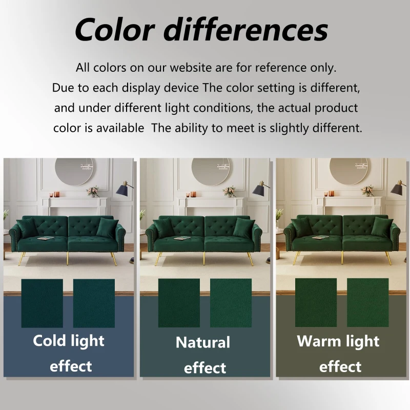 2-Seater Modern Sofa Bed with Velvet Upholstery and Adjustable Backrests, Daybed Perfect for Living Room, 177L x 74W x 71H cm, Green