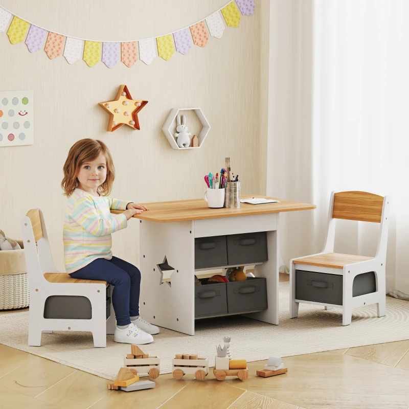 AIYAPLAY Children's Table with 2 Chairs with 6 Fabric Drawers, Star Design for Boys and Girls 3-8 Years, Natural