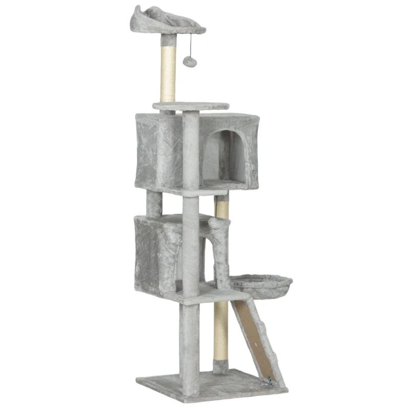 PawHut Arbre à chat 160 cm avec 2 niches, hamac, couchage et poteaux en sisal, Gris