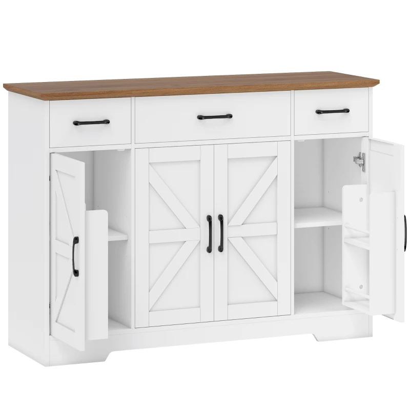 HOMCOM Aparador de Cozinha Rústico 4 Prateleiras de Porta Prateleiras Ajustáveis 3 Gavetas 120x38x87 cm Branco e Nogueira