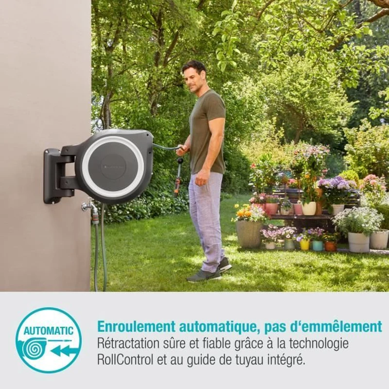 GARDENA Dévidoir automatique mural RollUp M/L liseret blanc – Longueur 25m – Ø13mm – Kit complet – Garantie 5 ans (18622-20)