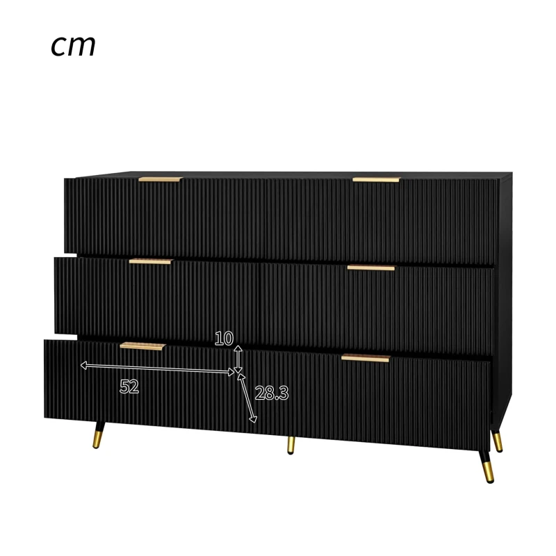 Elegant Sideboard with 6 Drawers, Gold Handles, Wave-Like Texture, Chest of Drawers for Living Room, 120L x 40W x 77H cm, Black+Gold
