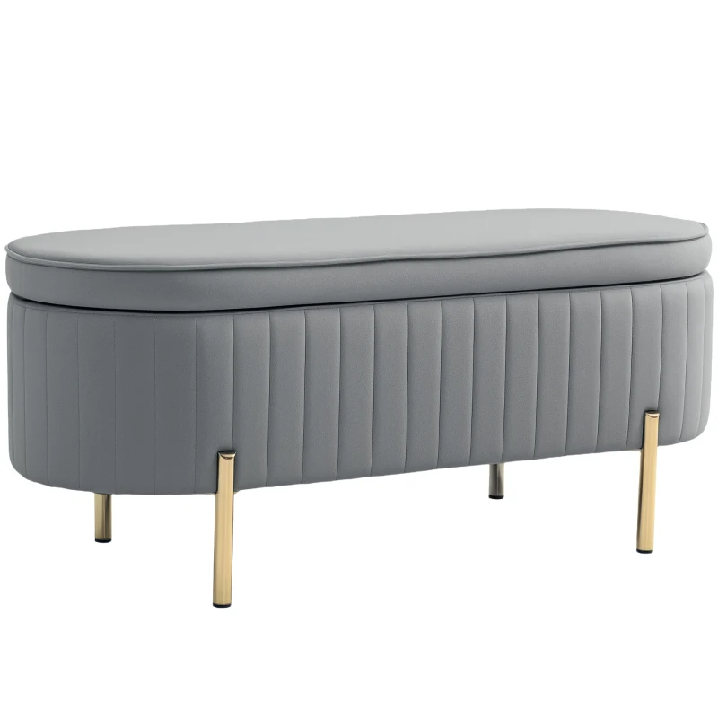 HOMCOM Panca Contenitore Ovale da 72L con Coperchio Sollevabile, in Tessuto Vellutato e Legno, 108x44x43.5 cm, Grigio