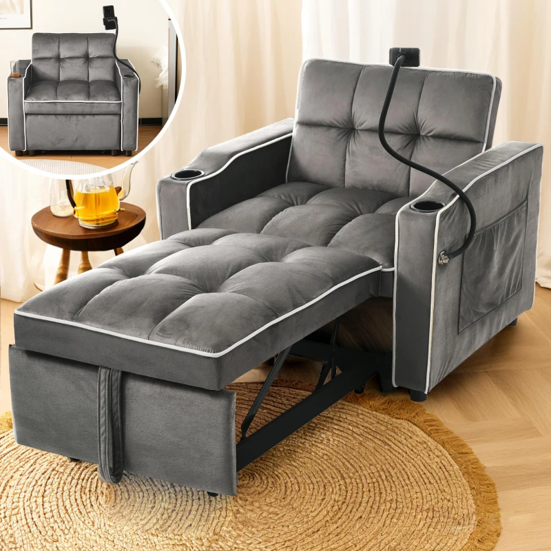 3-in-1 Expandable Single Sofa Bed with 2 Drink Holders and Phone Holder, Recliner and Sleeper Chair for Apartment, 83L x 167W x 76H cm, Dark Gray