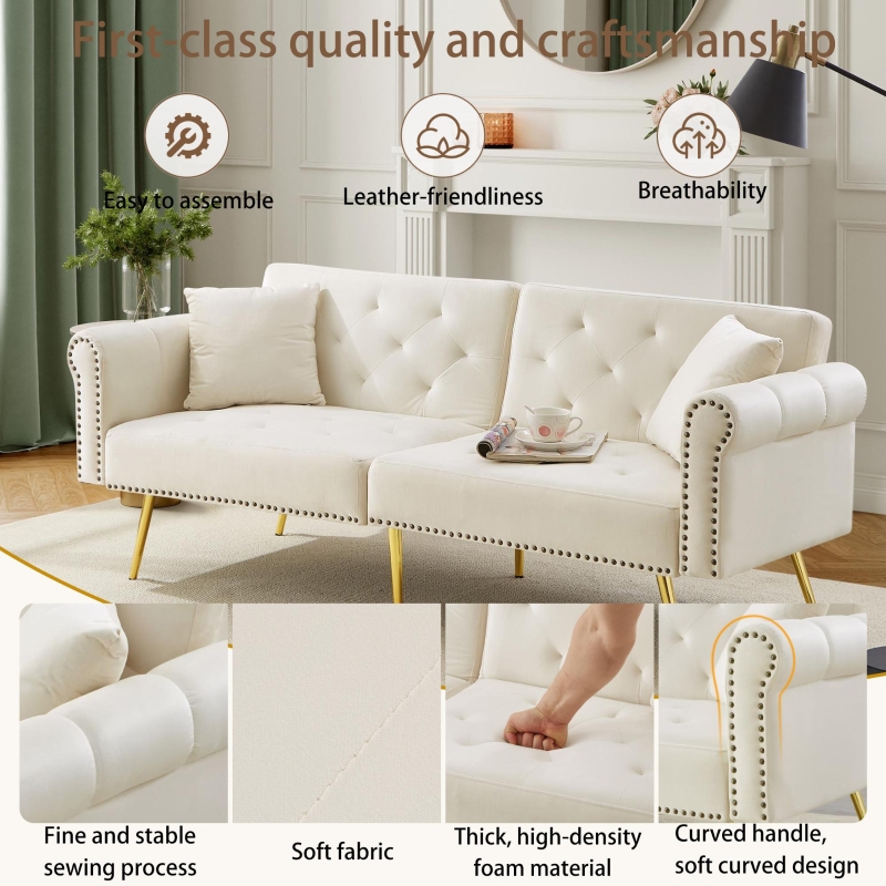 2-Seater Modern Sofa Bed with Independent Backrests, Gold-Plated Metal Feet, Velvet Couch for Living Room, 177L x 74W x 71H cm, White