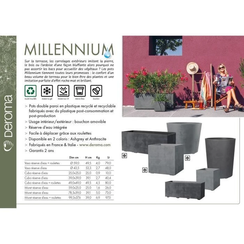 DEROMA Jardiniere Muret Millennium R - 59x25 x H25 cm - Anthracite - A réserve d'eau