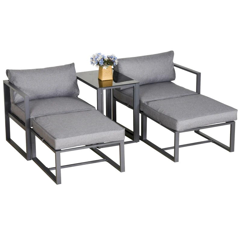 Outsunny 5 Piece Garden Aluminium Conversation Sofa Set Patio Furniture Set Outdoor 2 Sofas 2 Footstools End Table with Cushions