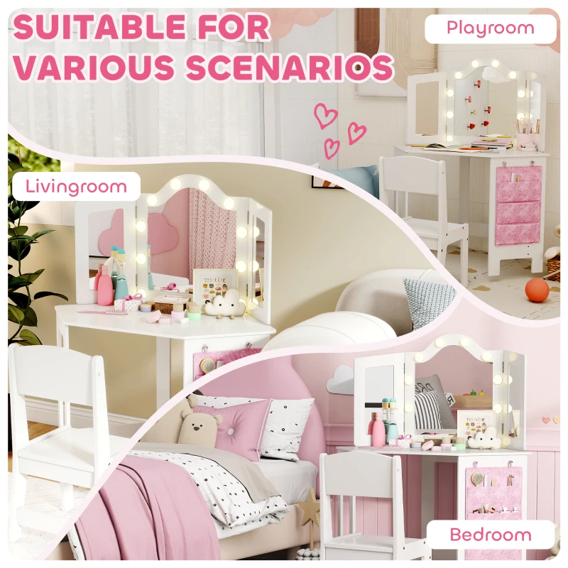 AIYAPLAY Kids Dressing Table and Stool Set, Girls Vanity Table with 2-Color LED Lights, Tri-Folding Mirror, White