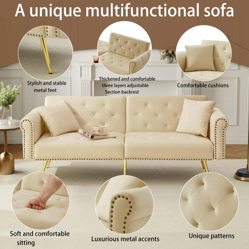 2-Seater Modern Sofa Bed with Velvet Upholstery and Adjustable Backrests, Daybed Perfect for Living Room, 177L x 74W x 71H cm, Beige