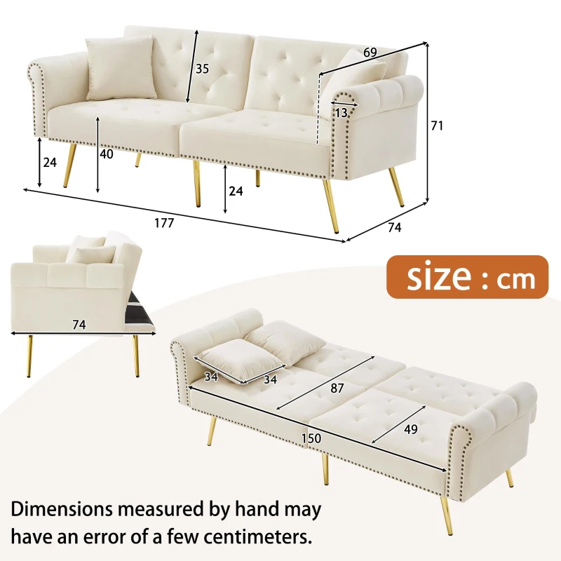 2-Seater Modern Sofa Bed with Independent Backrests, Gold-Plated Metal Feet, Velvet Couch for Living Room, 177L x 74W x 71H cm, White