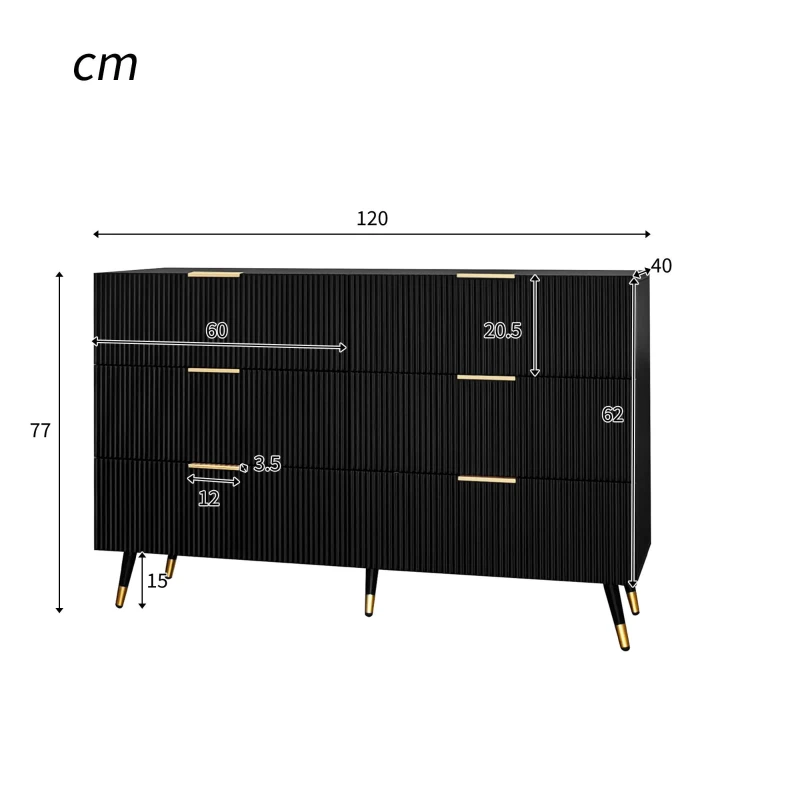 Elegant Sideboard with 6 Drawers, Gold Handles, Wave-Like Texture, Chest of Drawers for Living Room, 120L x 40W x 77H cm, Black+Gold