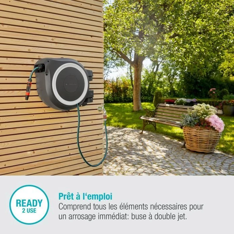 GARDENA Dévidoir automatique mural RollUp M/L liseret blanc – Longueur 25m – Ø13mm – Kit complet – Garantie 5 ans (18622-20)