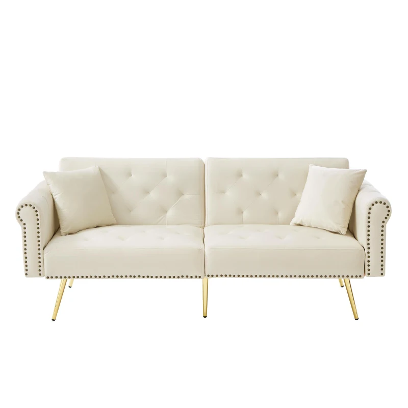 2-Seater Modern Sofa Bed with Independent Backrests, Gold-Plated Metal Feet, Velvet Couch for Living Room, 177L x 74W x 71H cm, White