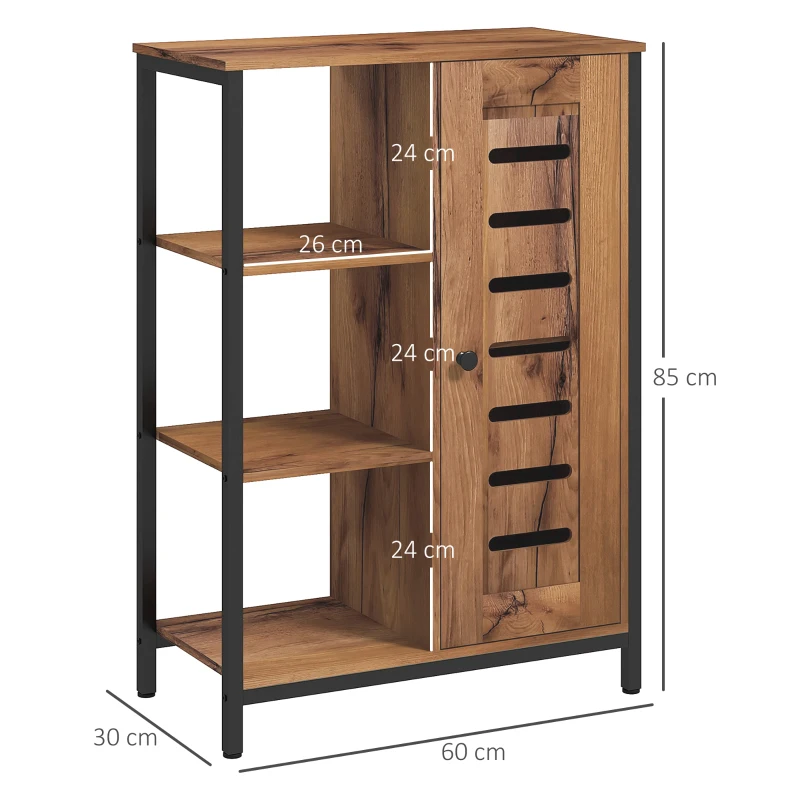 kleankin Móvel Auxiliar Casa de Banho com Porta de Ripas 3 Compartimentos Abertos Prateleira Ajustável 60x30x85 cm Castanho Rústico