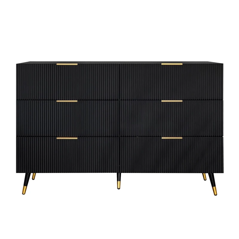 Elegant Sideboard with 6 Drawers, Gold Handles, Wave-Like Texture, Chest of Drawers for Living Room, 120L x 40W x 77H cm, Black+Gold