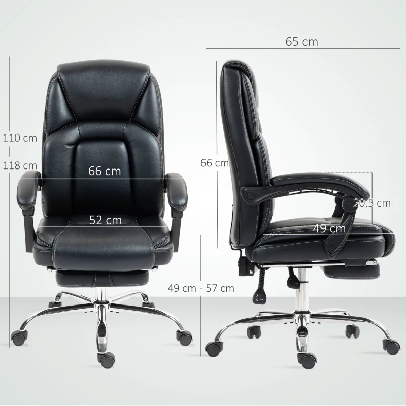 HOMCOM Reclinbarer Bürostuhl mit ausziehbarer Fußstütze aus PU-Leder, Kapazität 180 kg, Schwarz