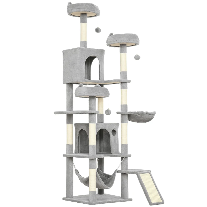 PawHut Albero Tiragraffi per Gatti con Scala, 2 Amache, 3 Posatoi, 2 Casette e 3 Piattaforme, 48x48x192 cm, Grigio e Crema