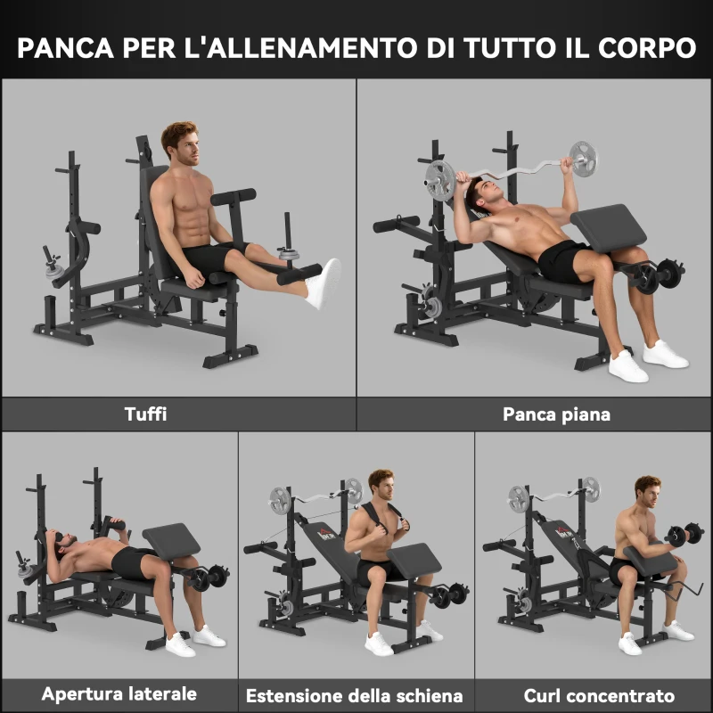 HOMCOM Panca da Palestra Regolabile con Supporto per Bilanciere, in Acciaio e PU, 210x110x103-123 cm, Nero