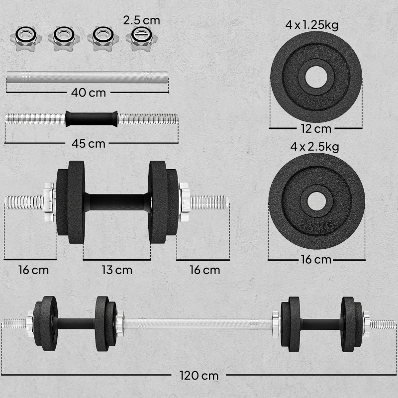 SPORTNOW 20kg Weight & Barbell Set with Non-Slip Handles, 8 Weight Plates, Barbell and 2 Steel Dumbbell Bars