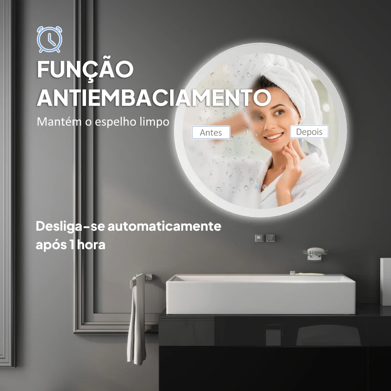 kleankin Espelho Casa de Banho Redondo com Luzes LED Ø60 cm Função Antiembaciamento 3 Luzes Função de Memória e Interruptor Tátil Prata