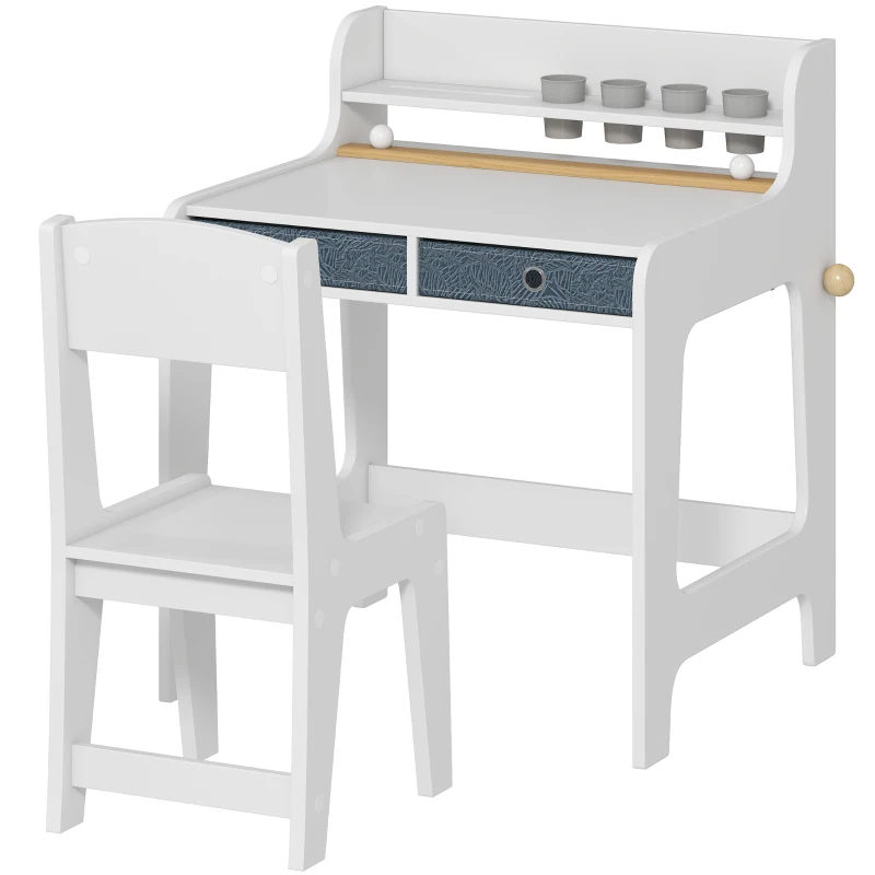AIYAPLAY Bureau enfant avec chaise, table enfant et chaise avec 2 tiroirs en tissu et porte-gobelet, 62,8x55,6x73,8cm, blanc