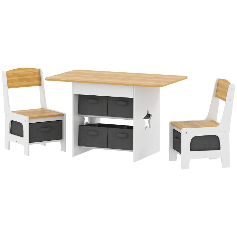 AIYAPLAY Table enfant avec 2 chaises avec 6 tiroirs en tissu motif étoiles pour garçons et filles 3-8 ans naturel