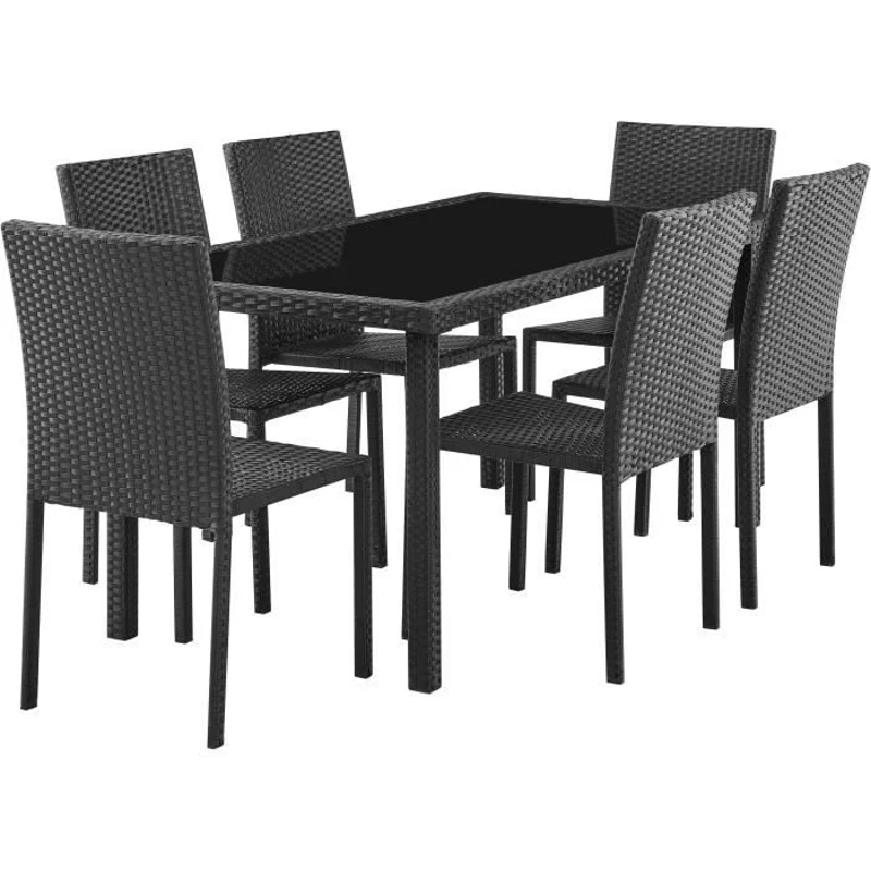 Ensemble repas de jardin - plateau en verre trempé et 6 chaises en résine tressée noir - Table 160x80x73 cm - Chaise : 44x54x88 cm