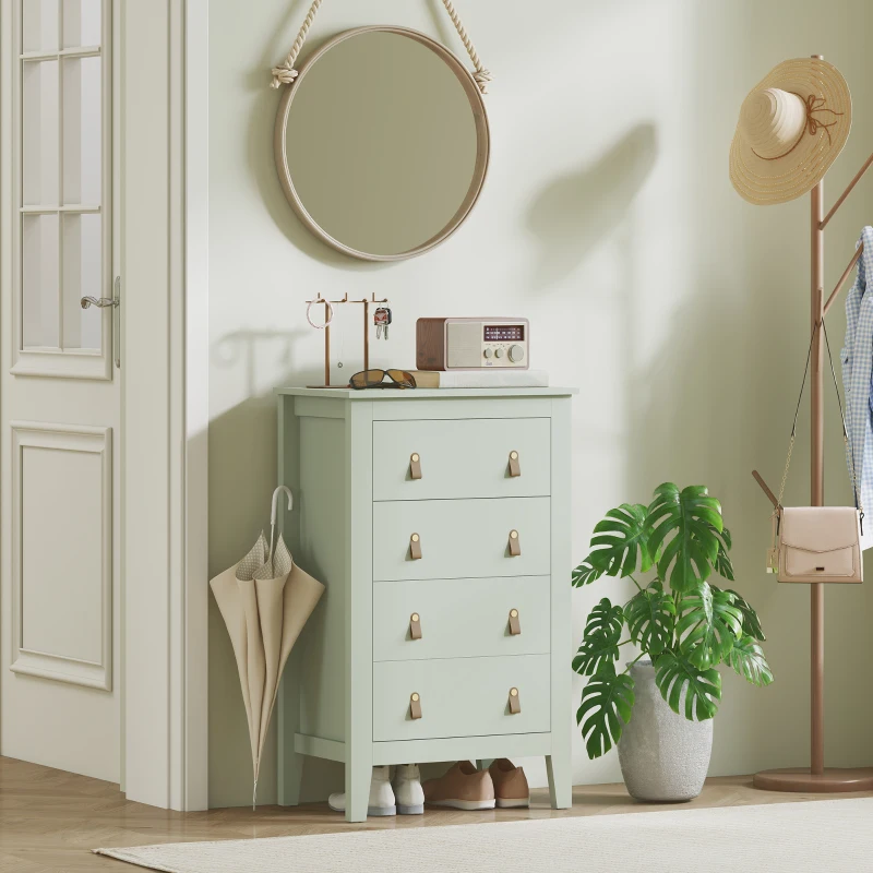 HOMCOM Bedroom Chest of Drawers, Modern 4 Drawer Dresser Cabinet with PU Leather Handles and Metal Runners for Living Room, Hallway, Entryway, 60 x 40 x 98 cm, Green