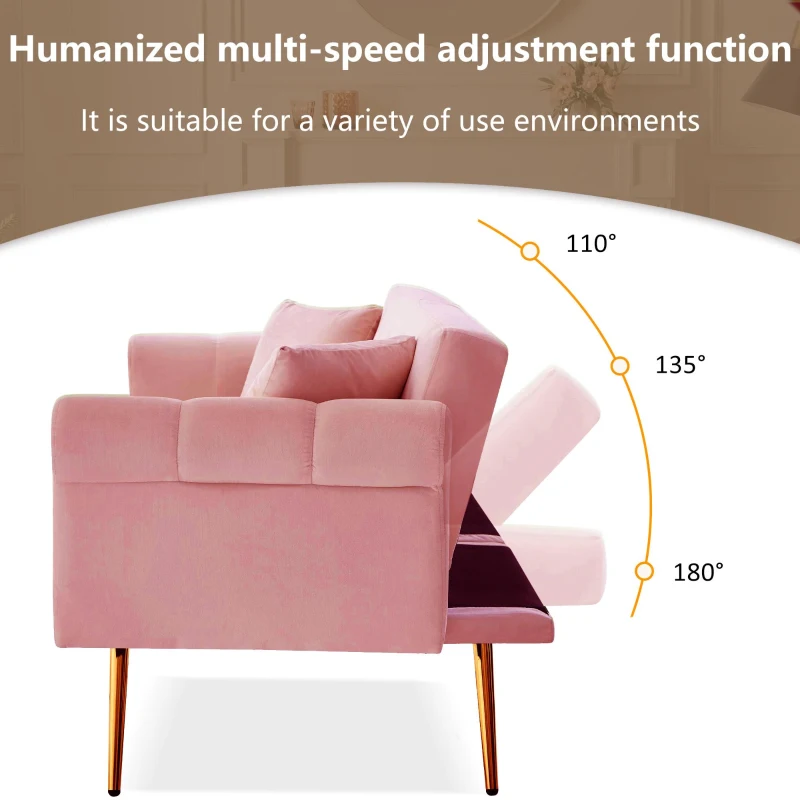2-Seater Modern Sofa Bed with Velvet Upholstery and Adjustable Backrests, Daybed Perfect for Living Room, 177L x 74W x 71H cm, Pink