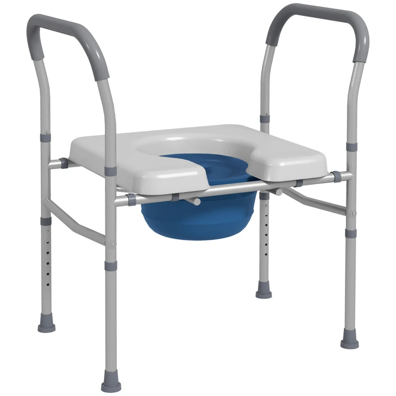 HOMCOM Scaun cu Vas de Toaletă pentru Vârstnici, Scaun de Toaletă Multifuncțional 4-În-1 cu Înălțime Reglabilă, 64x53x70-82 cm, Gri