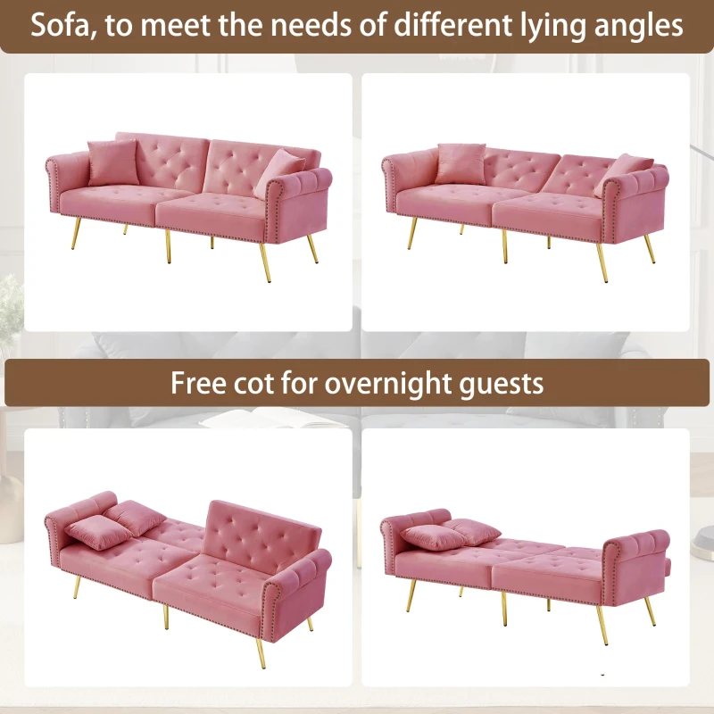 2-Seater Modern Sofa Bed with Velvet Upholstery and Adjustable Backrests, Daybed Perfect for Living Room, 177L x 74W x 71H cm, Pink