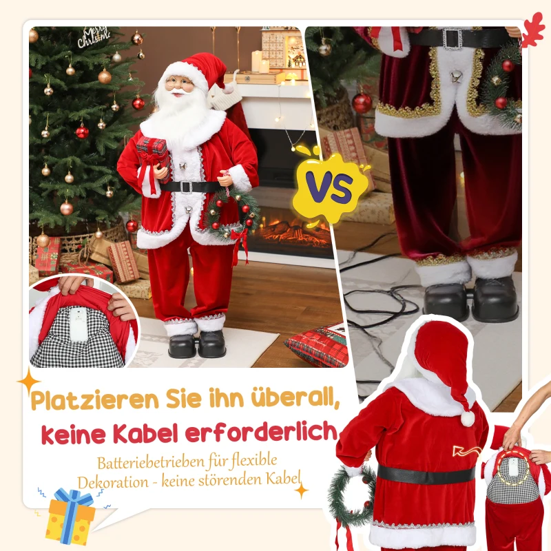 HOMCOM Weihnachtsmann, Weihnachts-Dekoration, 120 cm, biegsame Arme, mit Geschenk & Weihnachtskranz, Geräuschaktivierung, Rot(m-7)
