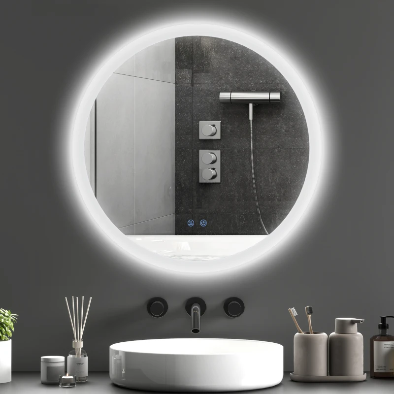 kleankin Espelho Casa de Banho Redondo com Luzes LED Ø60 cm Função Antiembaciamento 3 Luzes Função de Memória e Interruptor Tátil Prata
