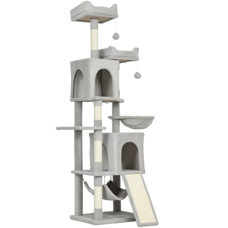 PawHut Albero Tiragraffi per Gatti con 2 Casette, 2 Lettini, Trespolo e 2 Palline, 48x40x177 cm, Grigio Chiaro e Beige