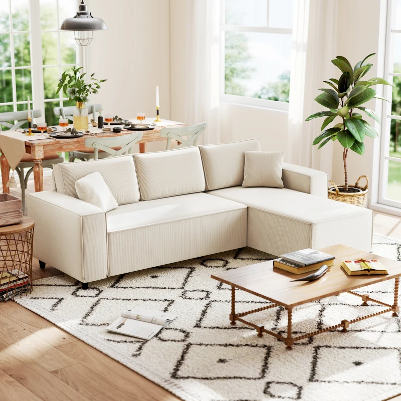 HOMCOM 3-Zitsbank met Chaise Longue, Woonkamerbank met Corduroy Bekleding, 2 Extra Kussens, Gestoffeerde Bank, Crèmewit(m-10)