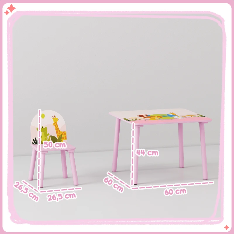 AIYAPLAY Ensemble Table et Chaises pour Enfants 3-8 ans avec Motifs Animaliers et Bords Arrondis, en MDF et Bois de Pin Rose