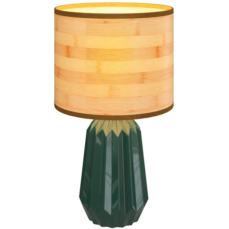 HOMCOM Tischlampe mit Keramikfuß und Leinen-Schirm Retro-Stil für Schlafzimmer 40 W Grün und Naturholz