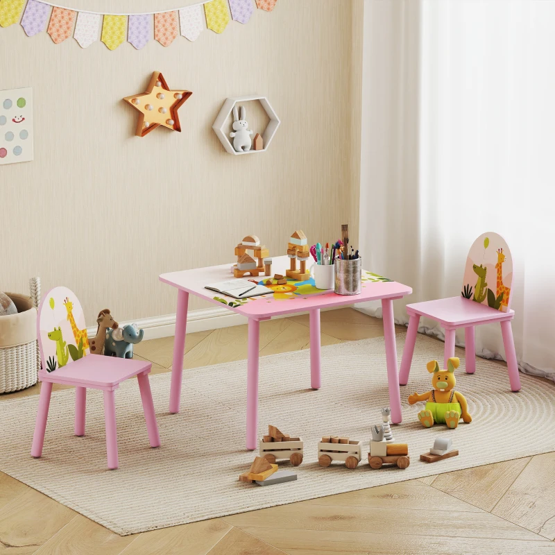 AIYAPLAY Tisch- und Stuhlset für Kinder 3–8 Jahre mit Tiermotiven und abgerundeten Kanten aus MDF und Kiefernholz, Rosa
