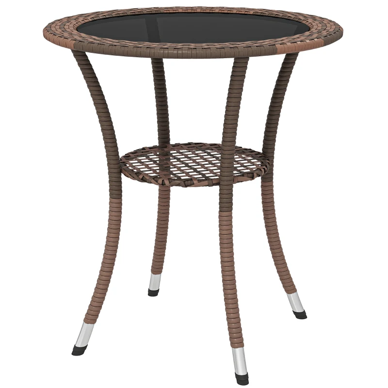 Outsunny Mesa de Vime Redonda Ø64x71 cm Mesa de Jardim com Estante e Tampo de Vidro Suporta 50 kg para Terraço Pátio Castanho