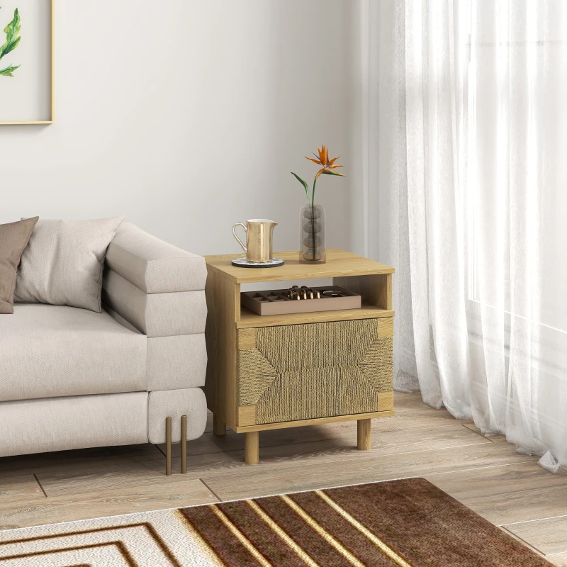HOMCOM Nachttisch Boho mit Tür aus Papierseil Offenes Fach Drucköffnung 45x39x50 cm Eiche