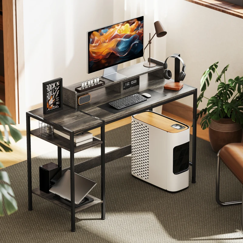 HOMCOM Secretária com Prateleiras Laterais Suporte para Monitor Ajustável e Estrutura Móvel 120x48x85,5 cm Madeira Acinzentada