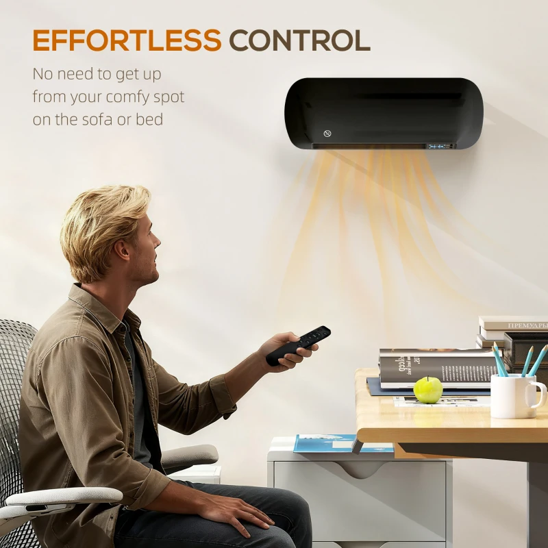 HOMCOM 2000W Ceramic Electric Heater with Fan, Adjustable Thermostat, Wall Mounted - Black