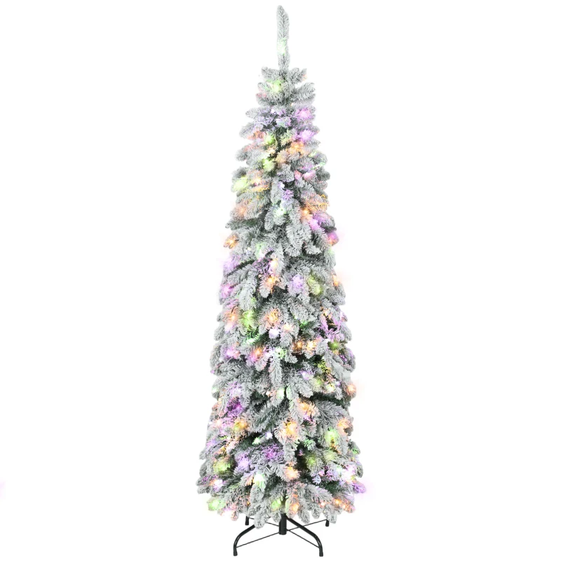 HOMCOM Árvore de Natal Estreita 180 cm Árvore de Natal Nevada com Luzes LED Temporizador 11 Modos de Iluminação Verde