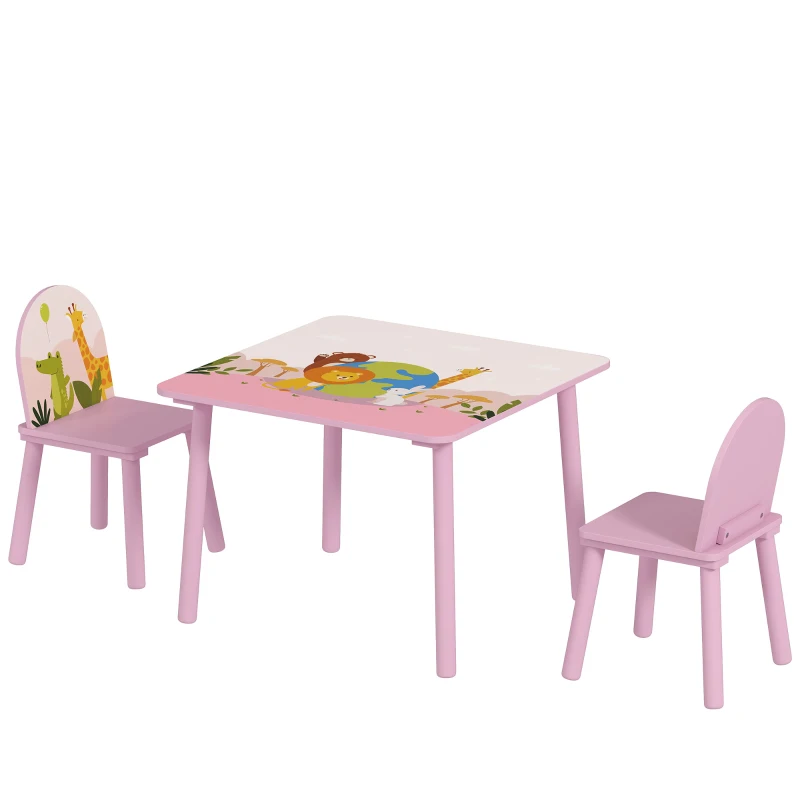 AIYAPLAY Tisch- und Stuhlset für Kinder 3–8 Jahre mit Tiermotiven und abgerundeten Kanten aus MDF und Kiefernholz, Rosa