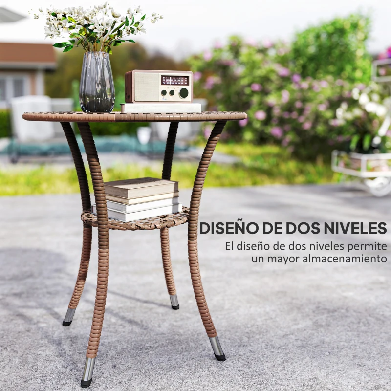 Outsunny Mesa de Jardín Redonda Ø64x71 cm con Estante Marco de Acero y Encimera de Cristal Carga 50 kg para Terraza Patio Marrón