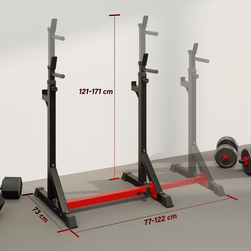 HOMCOM Soporte para Pesas Estante Soporte Barra Pesas Ajustable para Ejercicios Sentadillas en Hogar y Oficina Carga 150 kg de Acero Altura Regulable de 121-171 cm Negro y Rojo